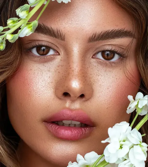 Retouched close-up with even skin tone, freckles and pore texture kept, and the eyes and lips lifted slightly